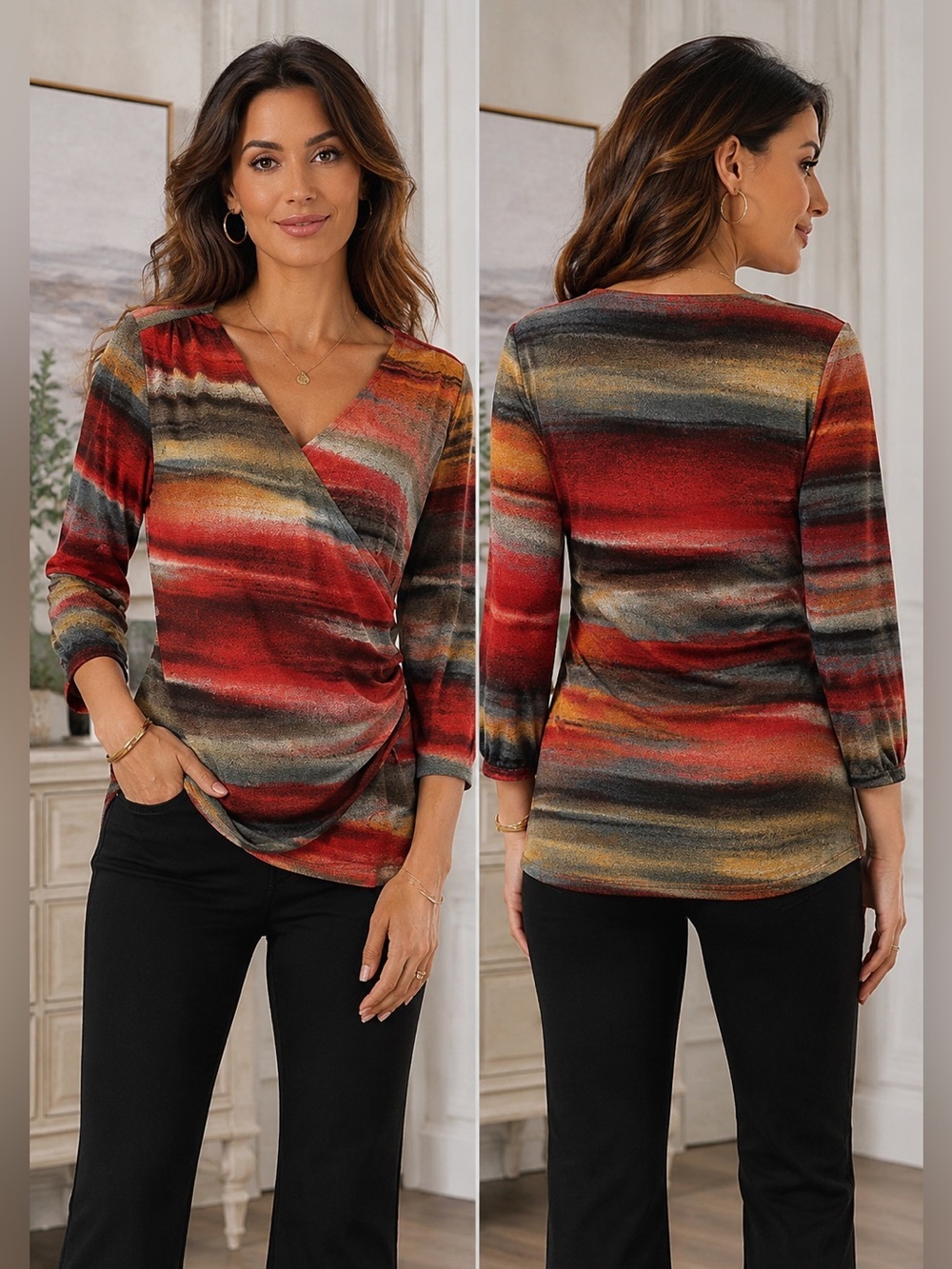 LAURA Petites multicoloured longsleeve wrap blouse Sz L stretchy